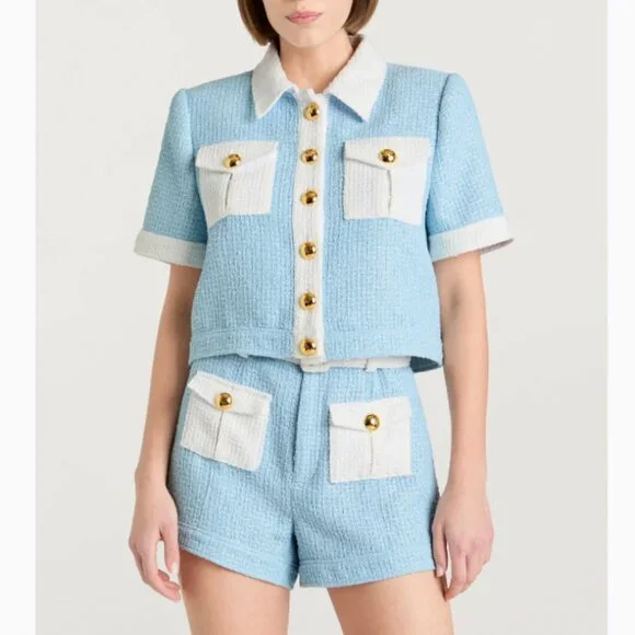 NWT Cinq a Sept 5a7 Nissy Jacket & Short Set of 2 Sky Blue/White Cocktail Party - Picture 4 of 10